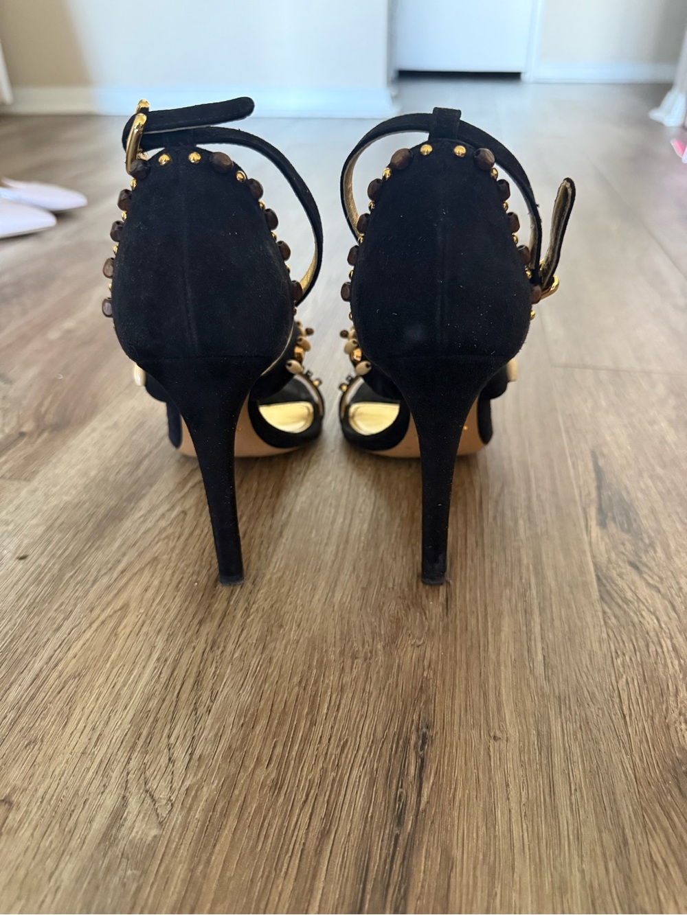 EU 39 Authentic Prada Black Suede Ankle-Strap Heels with Gold Stud Detailing - Picture 3 of 4